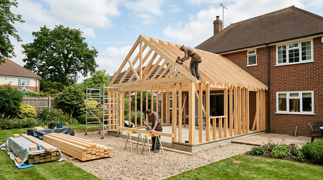Chantier d'extension de maison en cours