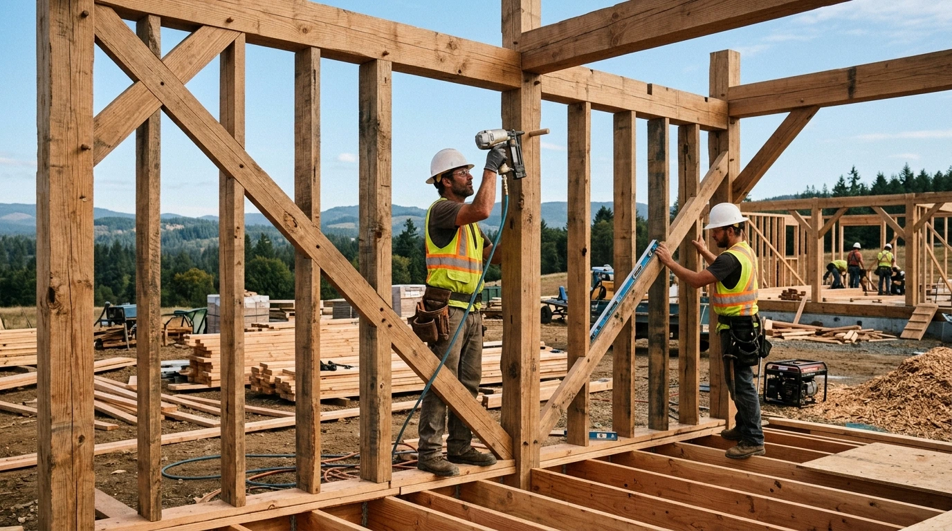 Ossature bois d'une maison en cours de montage