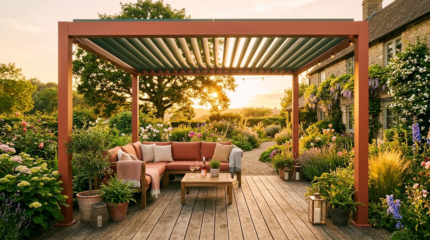 Pergola bioclimatique et terrasse de jardin