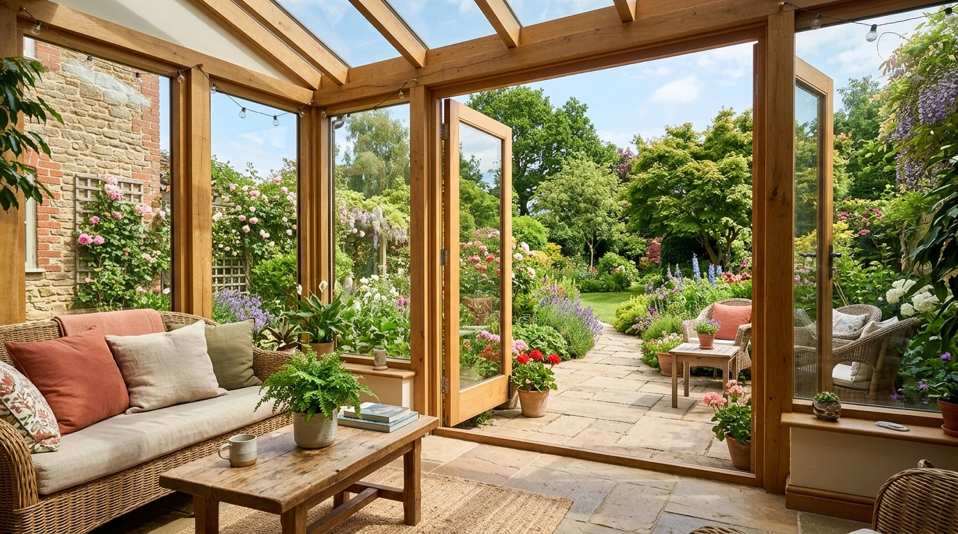 Véranda vitrée ouverte sur le jardin