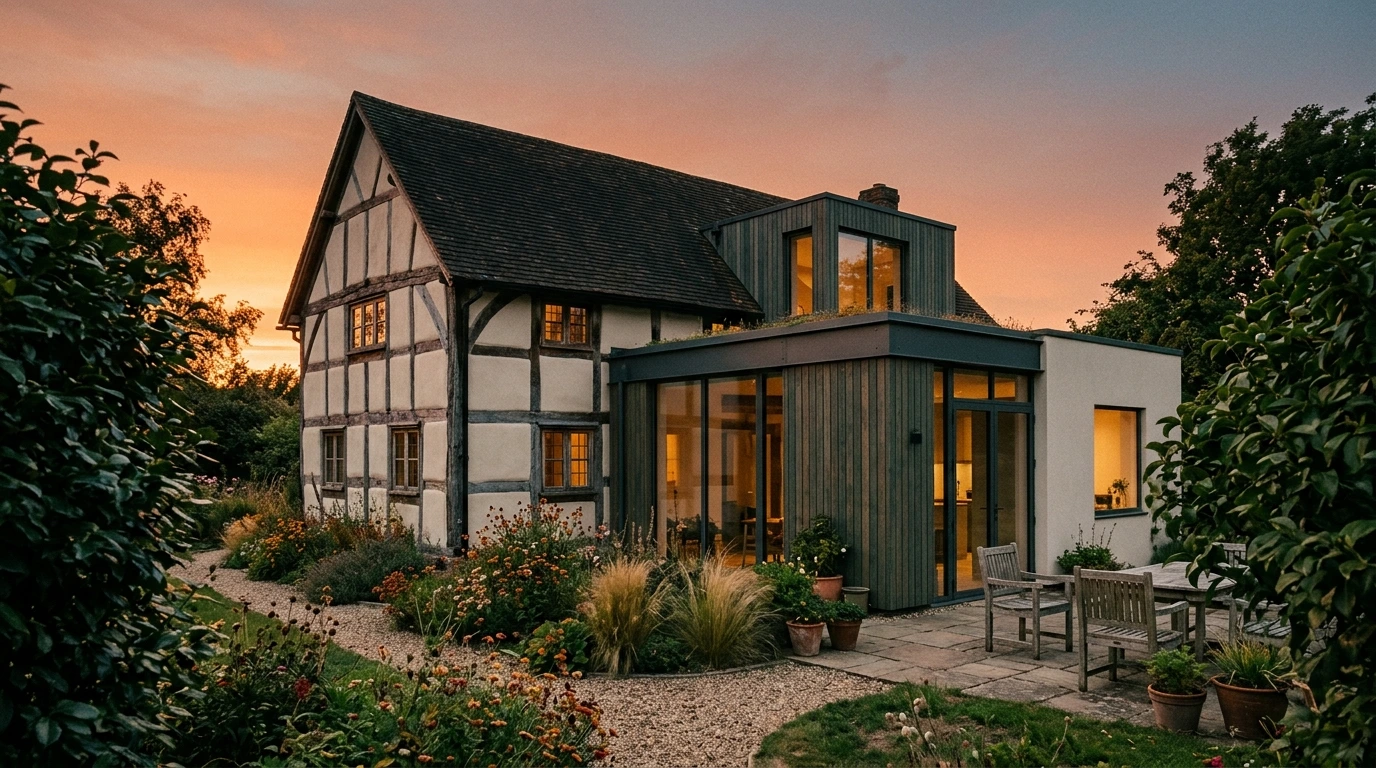 Maison à ossature bois avec extension contemporaine au coucher de soleil