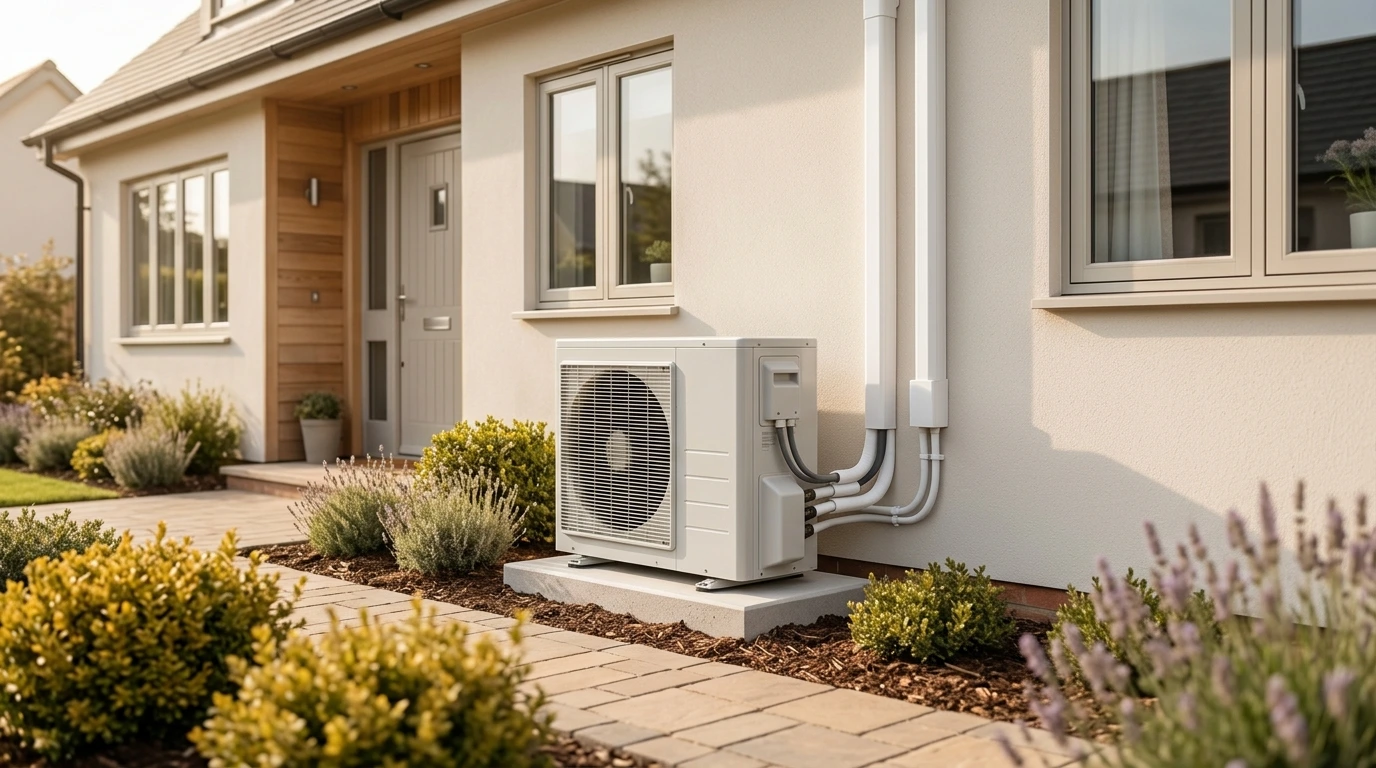 Une pompe à chaleur moderne installée proprement à l'extérieur d'une maison neuve