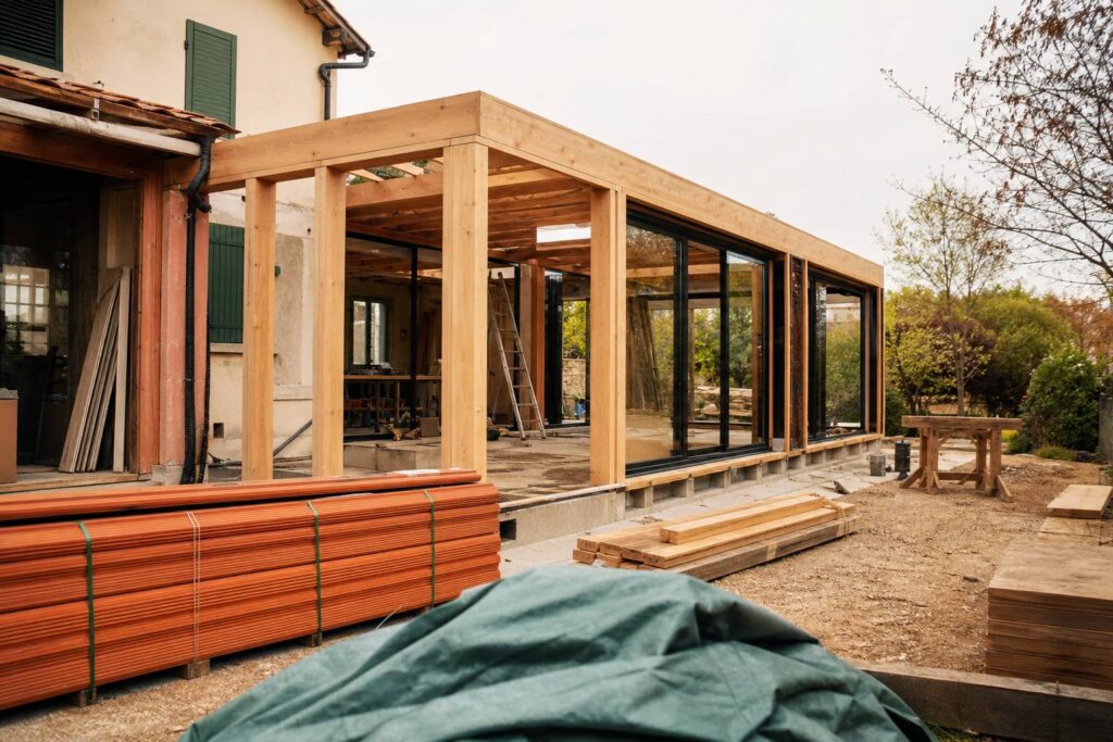 Extension ossature bois construction accolée maison baies vitrees fondations