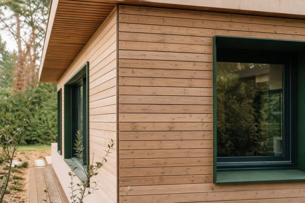 Facade de maison avec bardage bois en lames horizontales texture bois naturelle lumiere