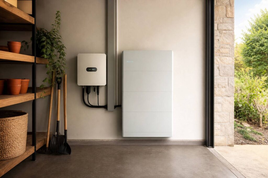 Batterie solaire domestique installee dans un garage avec onduleur et voyants lumineux