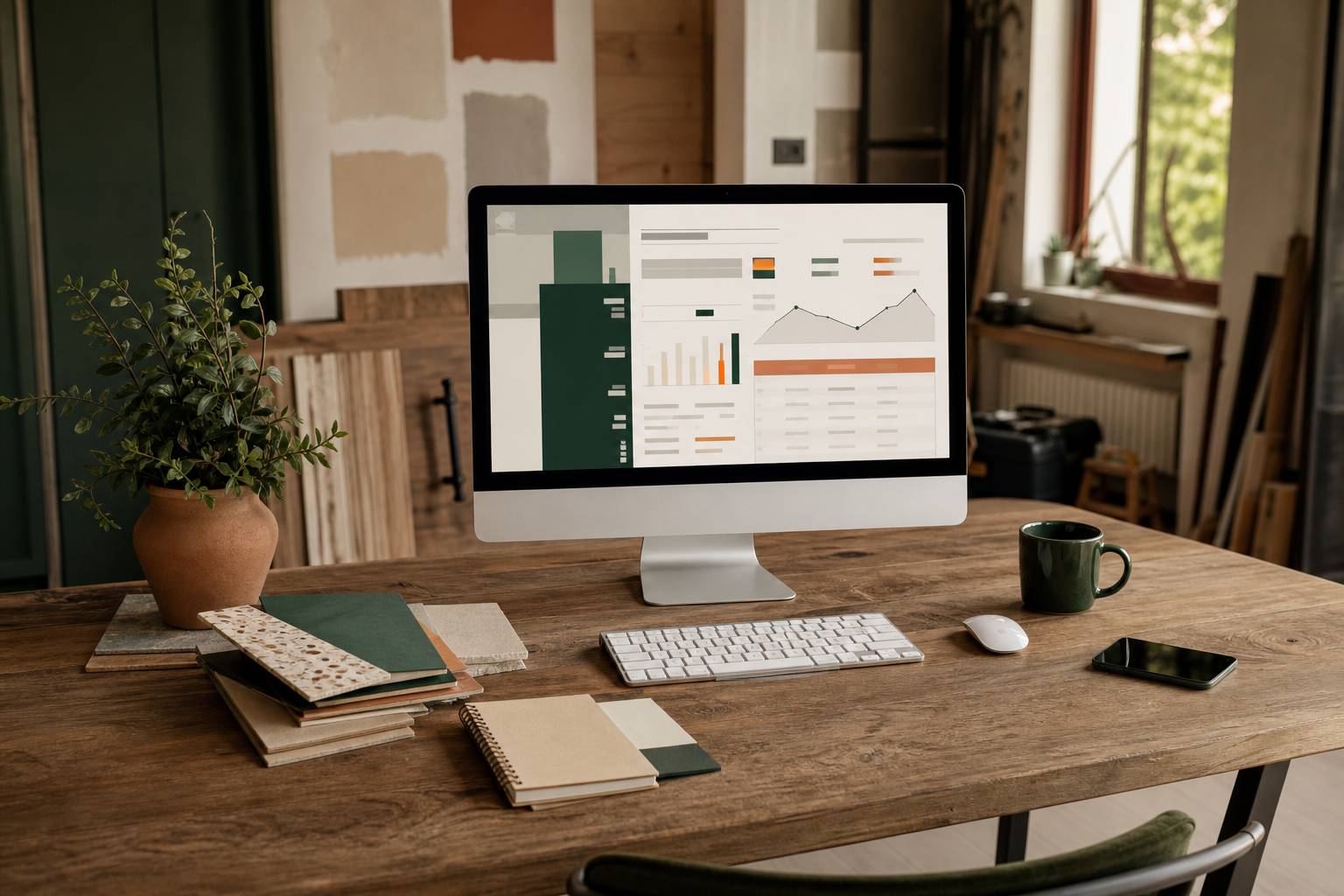 Ecran d'ordinateur affichant des devis de travaux en ligne compares avec telephone et cafe