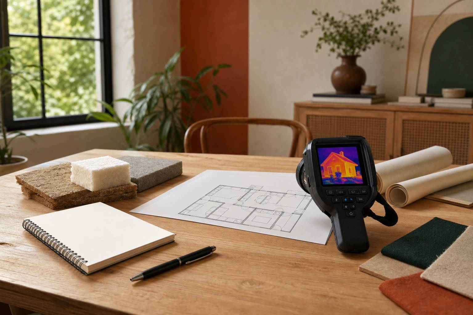 Carnet de notes stylo camera thermique et plan de maison pour audit energetique