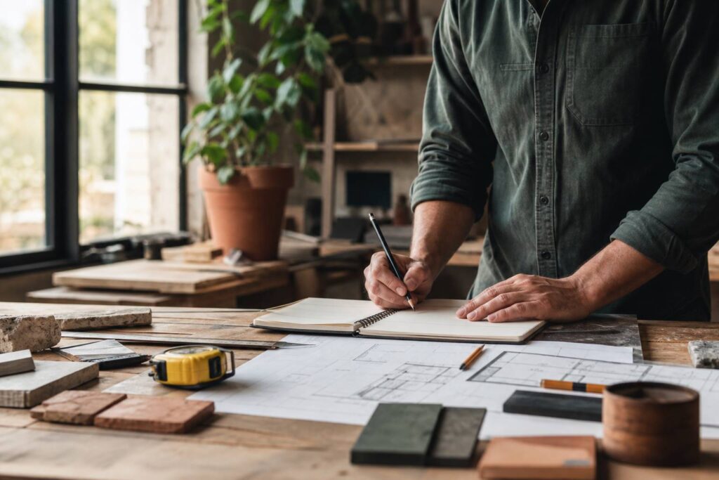 Artisan du batiment prenant des notes sur un carnet avec plans de construction et metre ruban