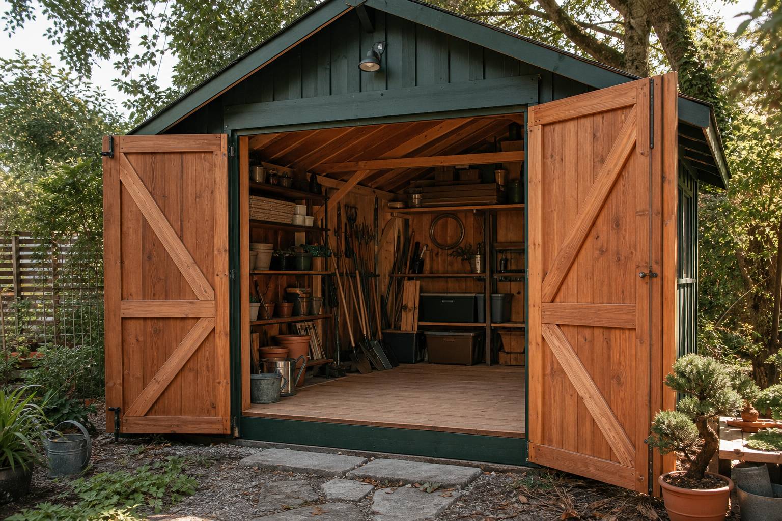 Abri de jardin en bois avec dimensions et structure interieure dans un jardin