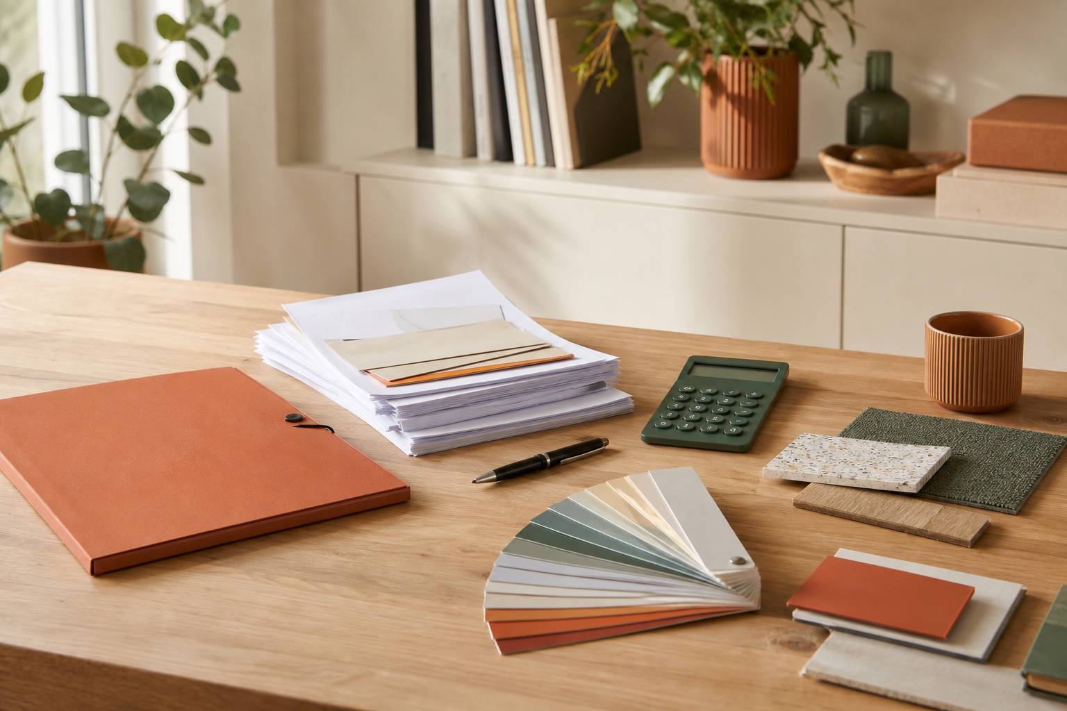 Chemise cartonnee MaPrimeRenov documents administratifs stylo calculatrice sur bureau