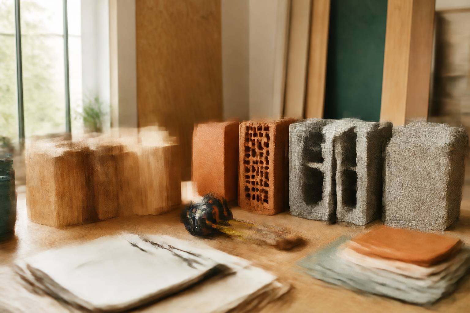 Échantillons de bois massif briques et parpaings sur table d'atelier pour comparer matériaux de construction