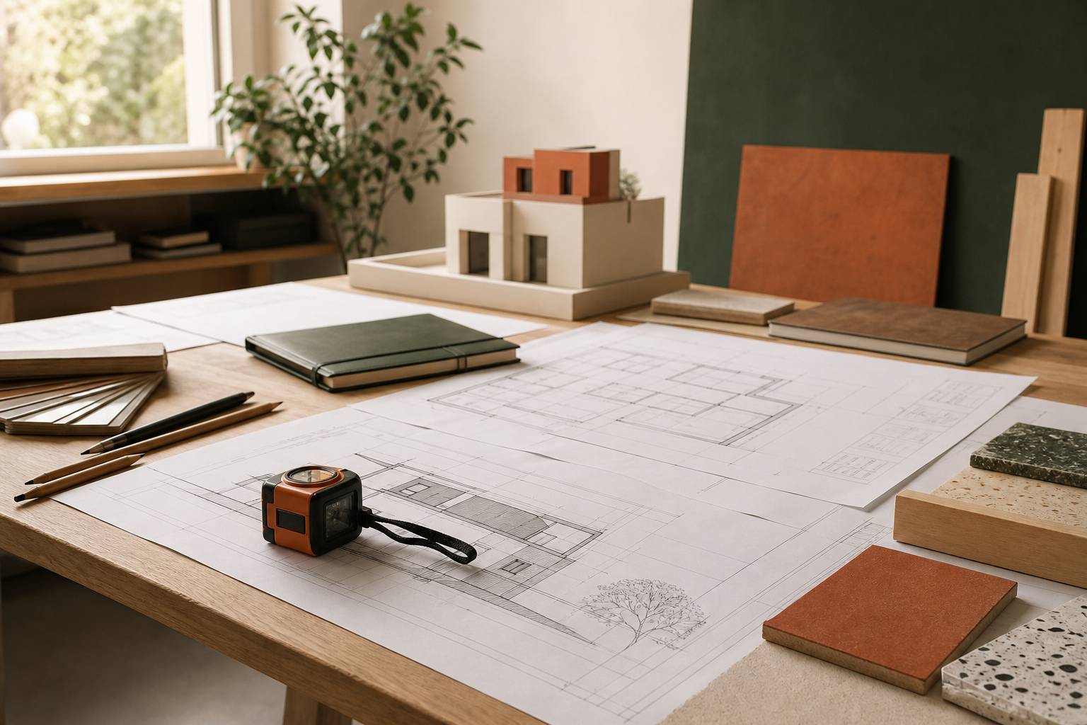 Plans architecte depliés metre laser carnet notes etude surelevation maison