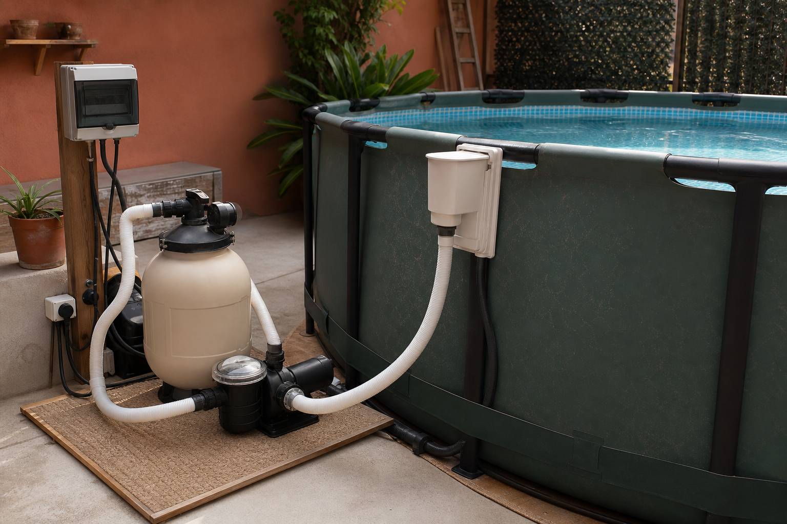 Systeme de filtration et skimmer au bord d'une piscine hors sol tubulaire