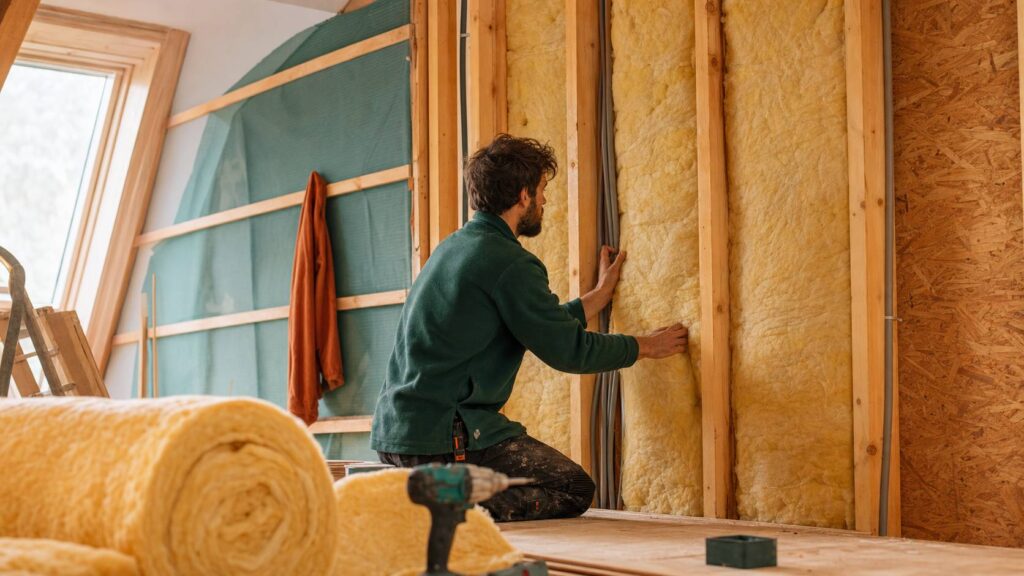 Travaux isolation thermique laine de verre et ouate de cellulose dans combles lumiere naturelle