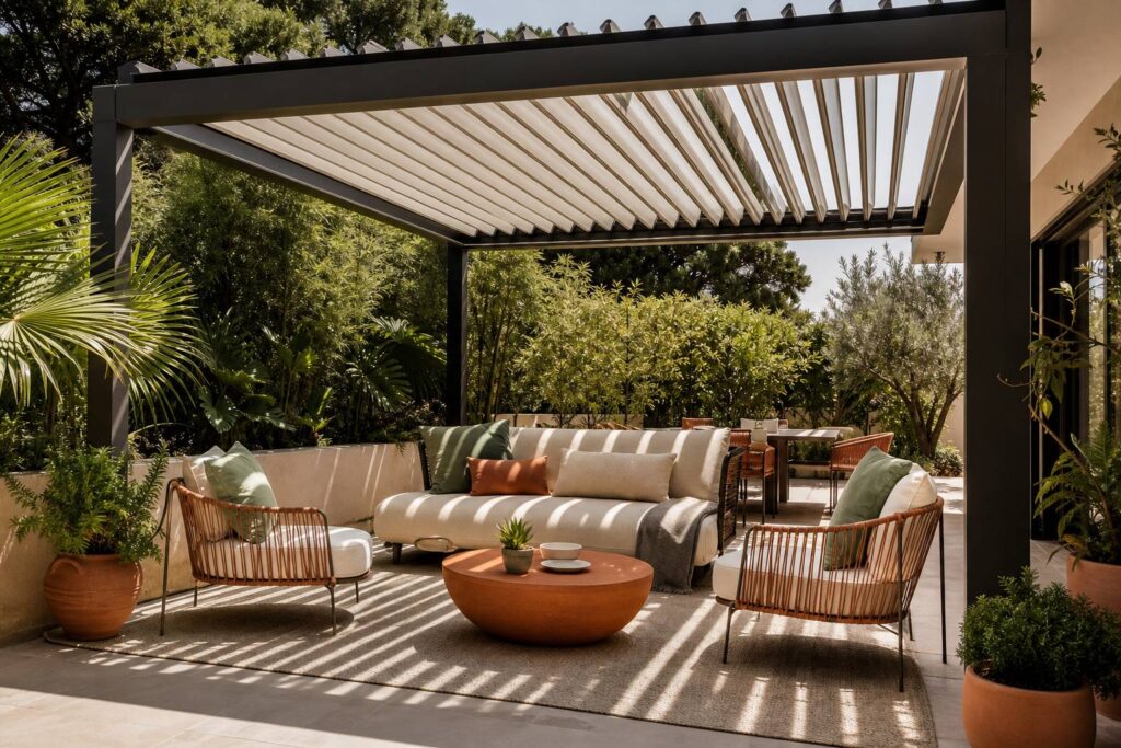 Pergola bioclimatique en aluminium avec lames orientables dans un jardin contemporain avec canape design