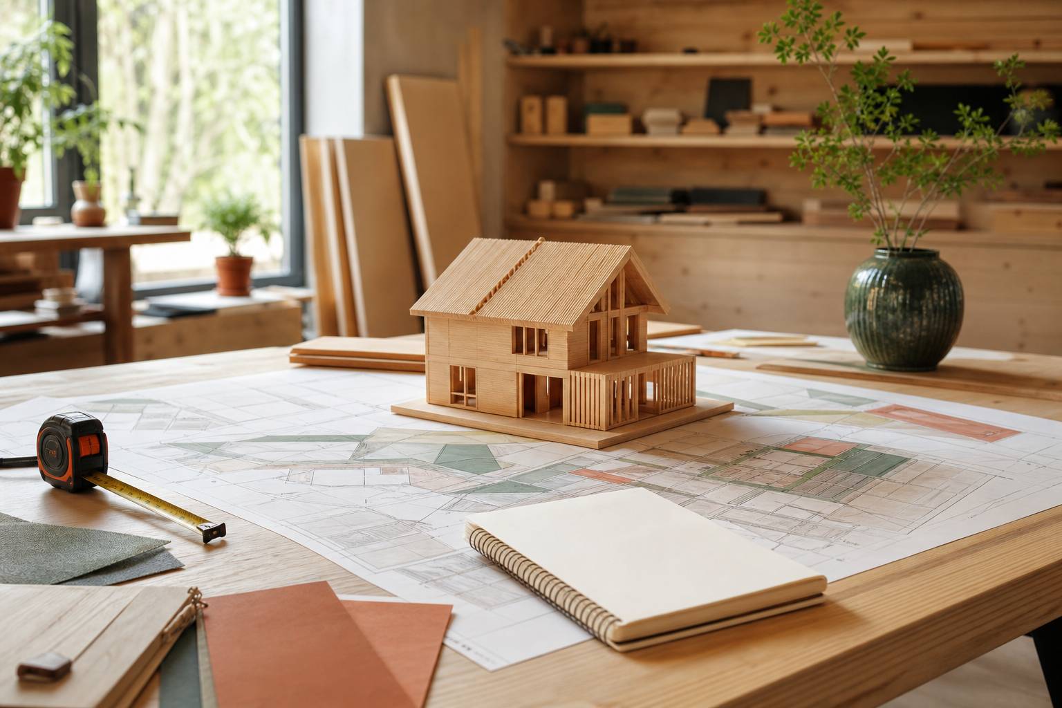 Plans d'architecte et maquette de maison bois sur plan de travail avec mètre ruban et carnet de notes