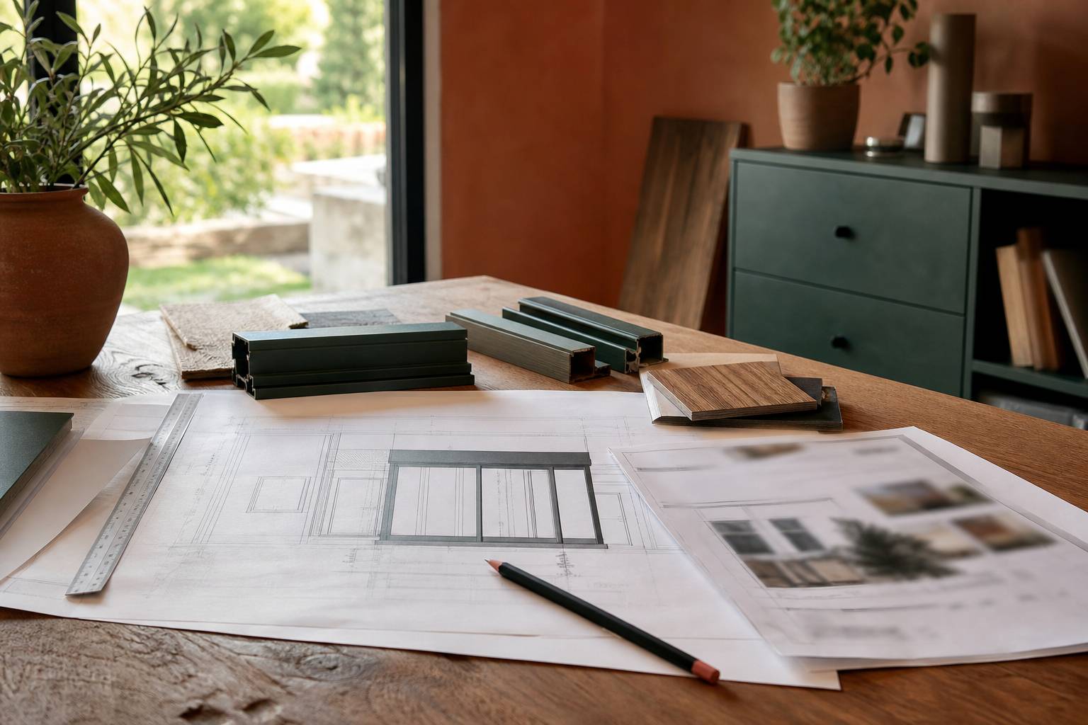 Plan de construction et permis de construire pour veranda etales sur une table avec crayon et regle