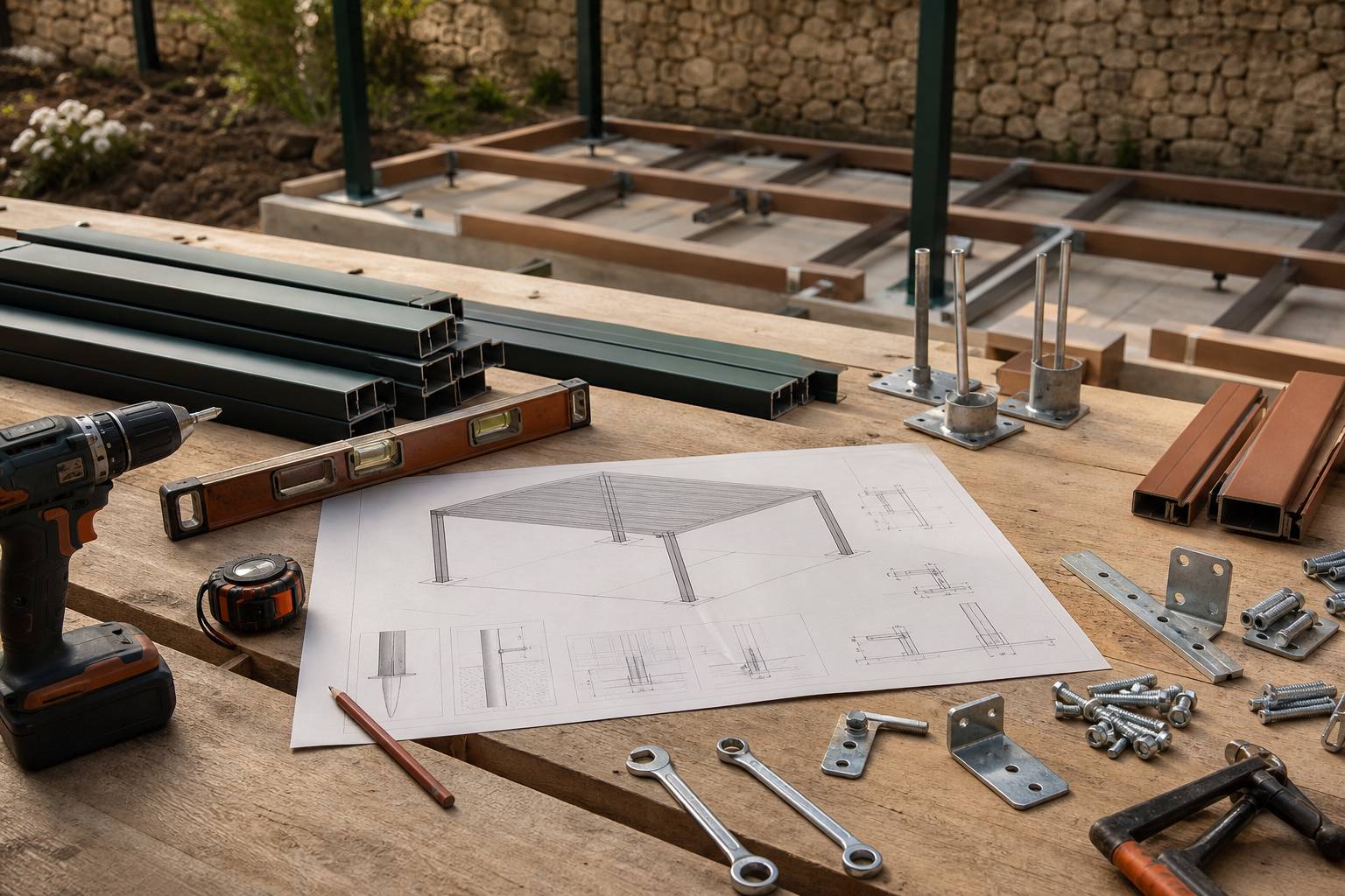 Plan de fondation et structure aluminium pour construction de pergola avec outils de chantier