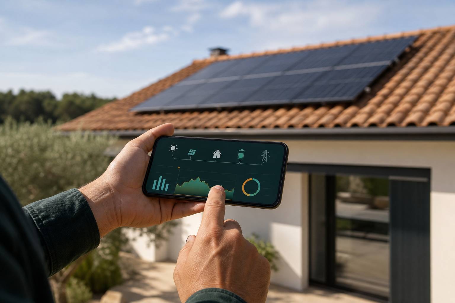 Smartphone affichant une application de suivi de production solaire avec panneaux photovoltaiques