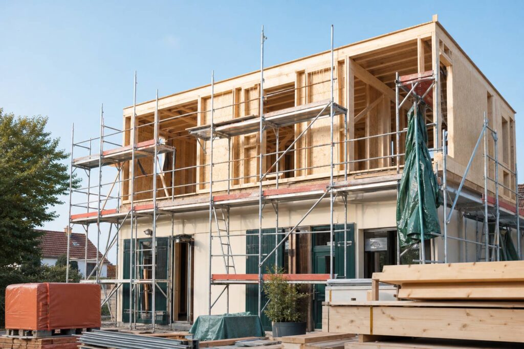 Surelevation maison etage ossature bois echafaudage charpente construction