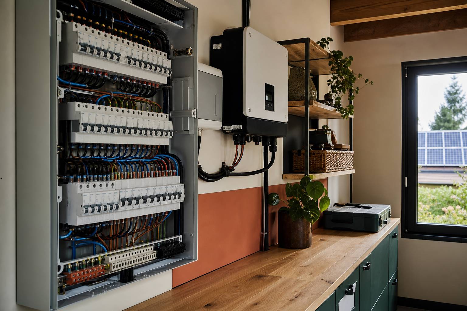 Tableau electrique domestique avec disjoncteurs et installation solaire photovoltaique