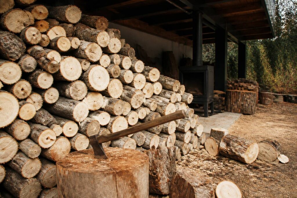 Bûches d'albizia au bois blanc clair empilées près d'un poêle à bois