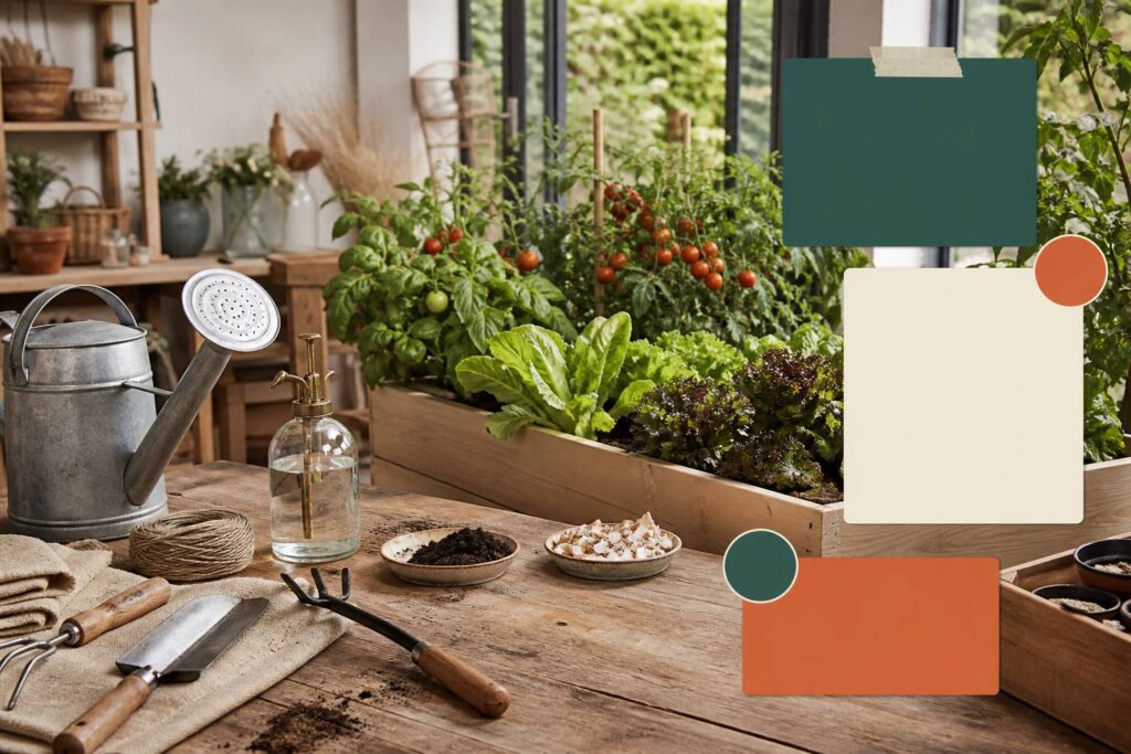 Jardin potager avec vaporisateur et marc de café