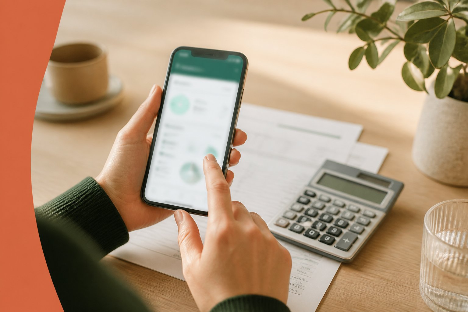 Mains tenant un smartphone avec une application bancaire floutée et un relevé papier