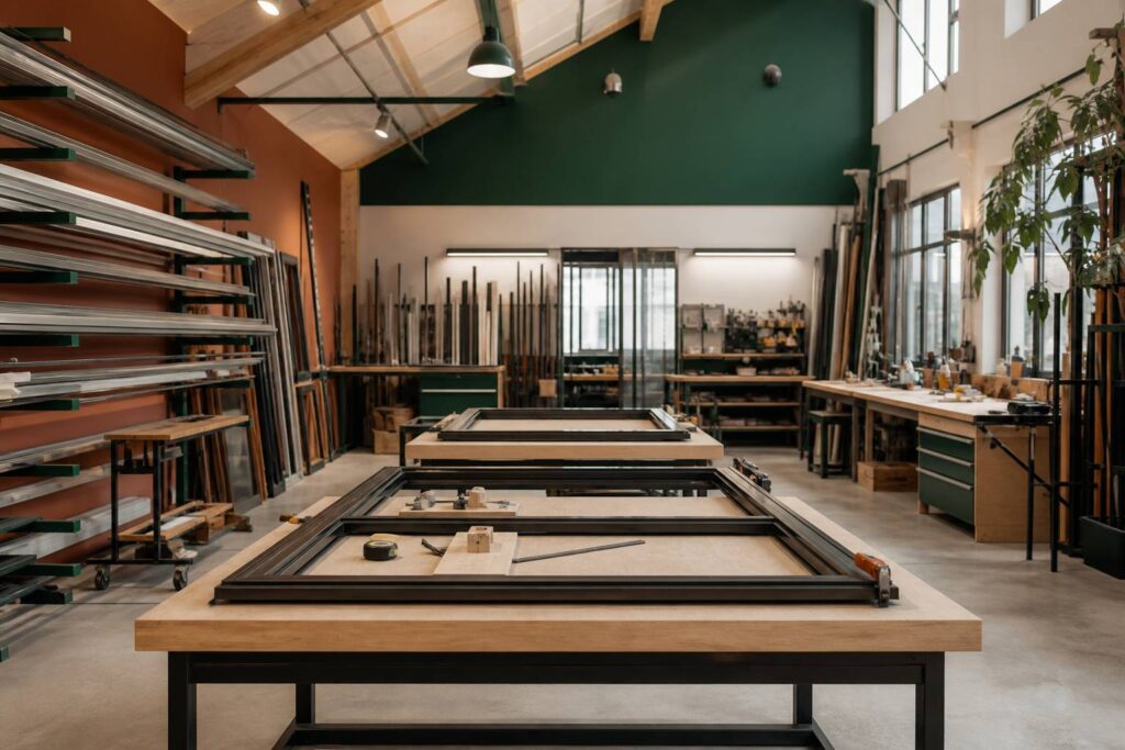 Atelier de menuiserie métallique clair avec des profilés en aluminium et des fenêtres en assemblage