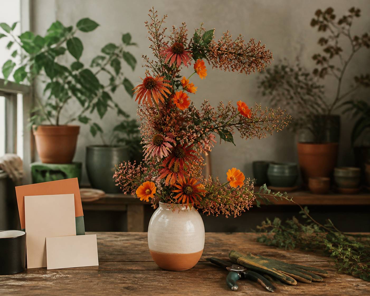 Bouquet d'échinacées et de bruyères dans un vase en céramique
