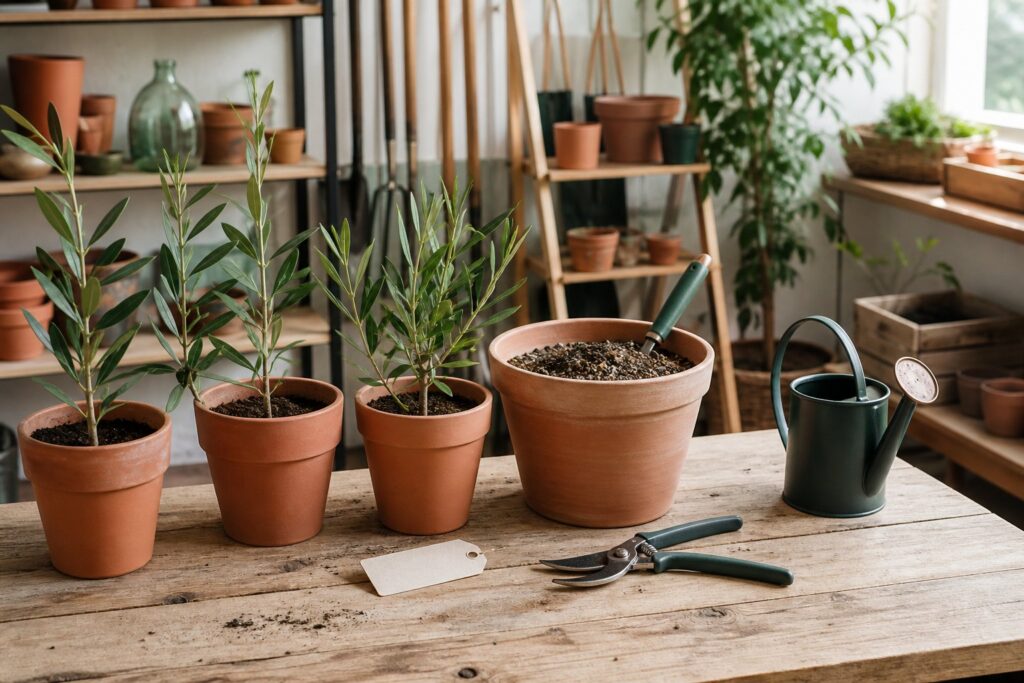 Pots en terre cuite avec boutures de laurier-rose sur table d'atelier claire