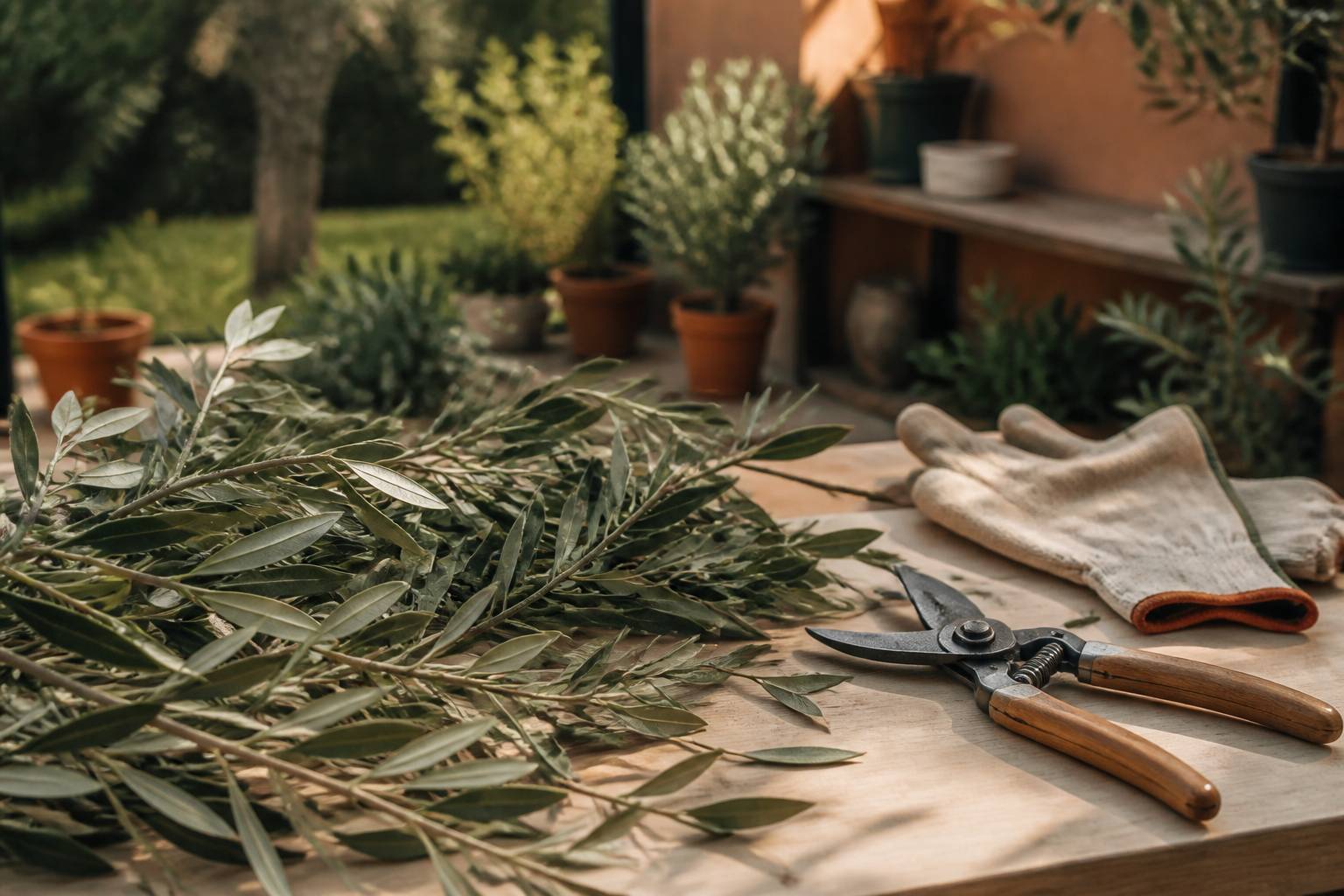Branches d'olivier coupées avec sécateur et gants de jardinage