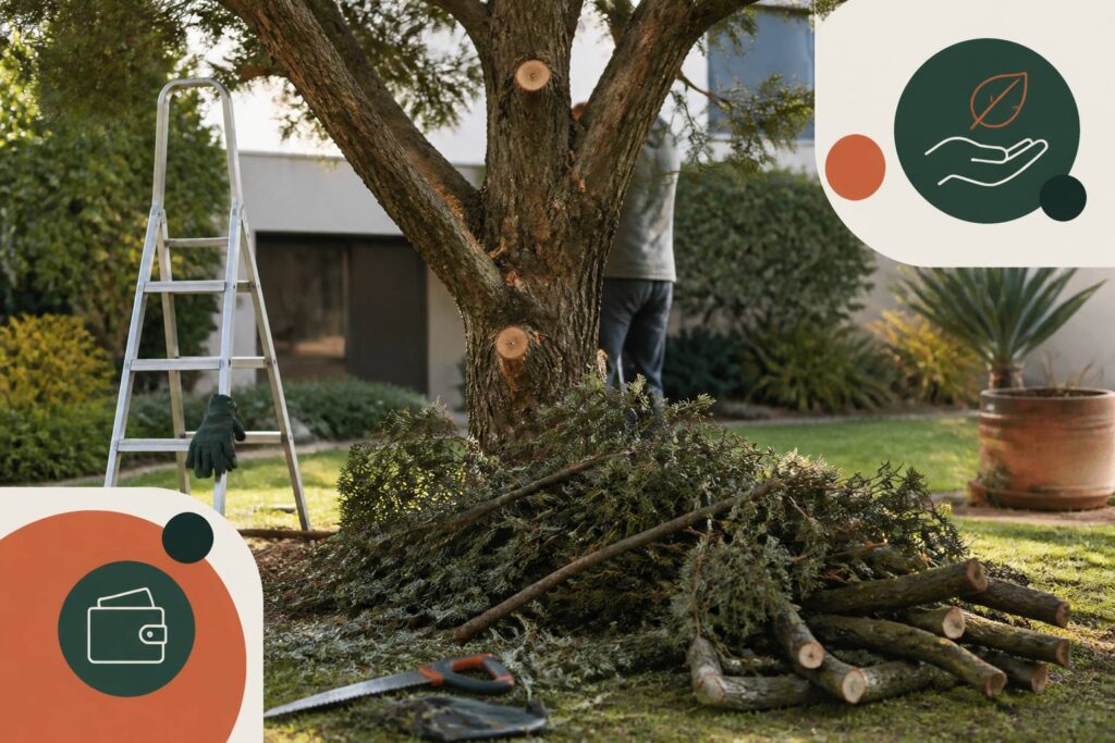 Arbre élagué dans un jardin avec branches coupées et outillage au sol