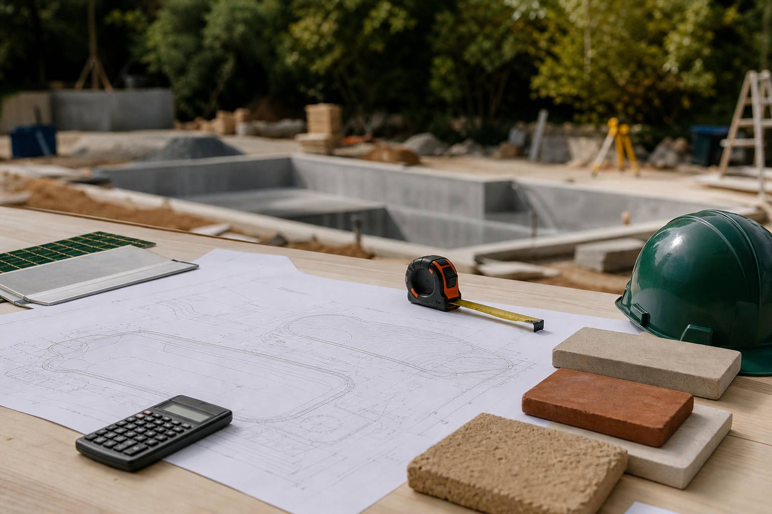 Plans de piscine, calculatrice et échantillons de margelles sur une table de chantier