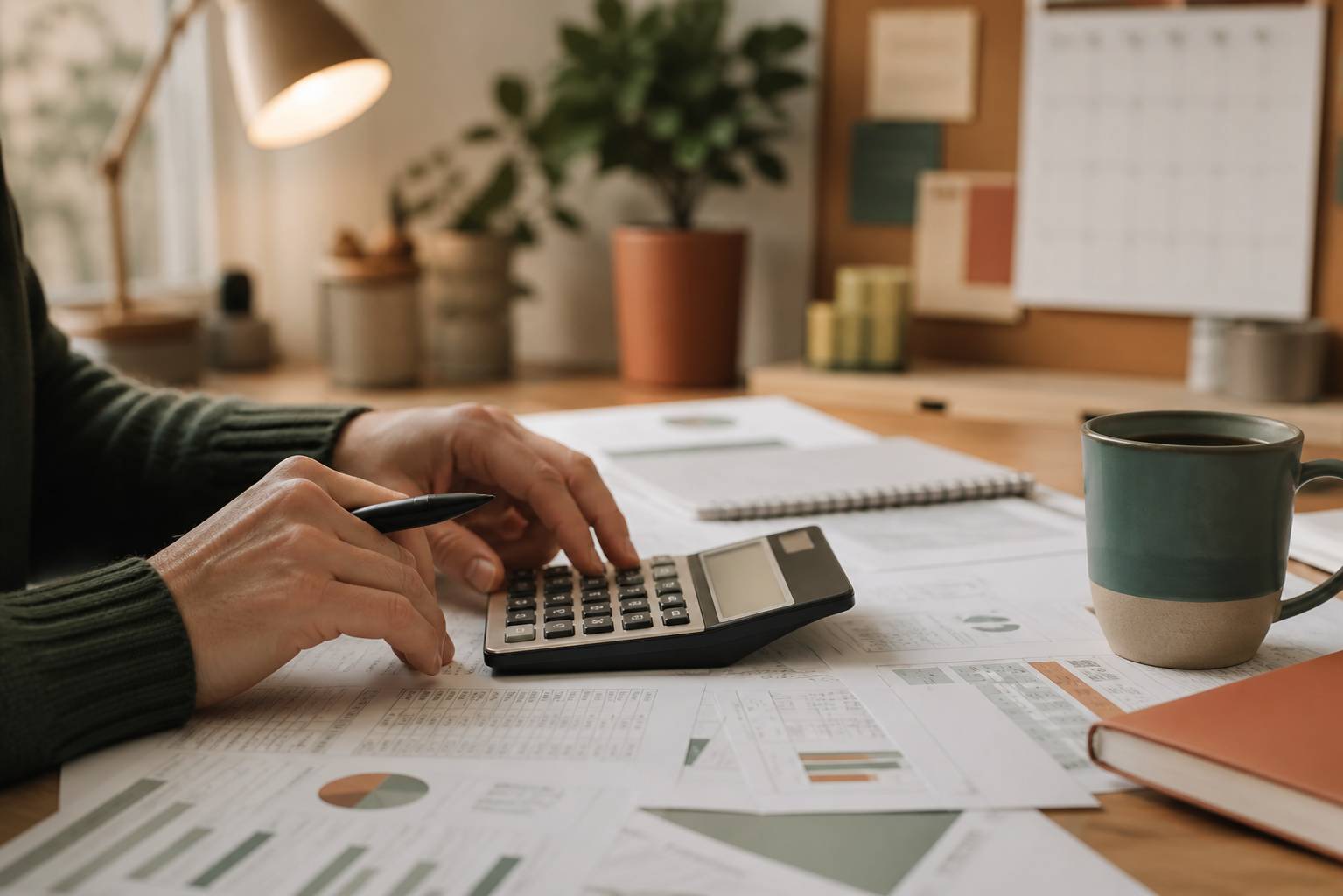 Mains calculant une pension sur des documents de retraite