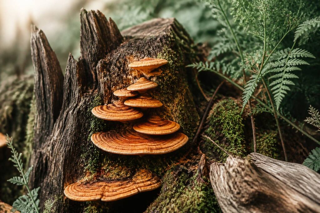 Champignon orange vif sur une souche d'arbre mort