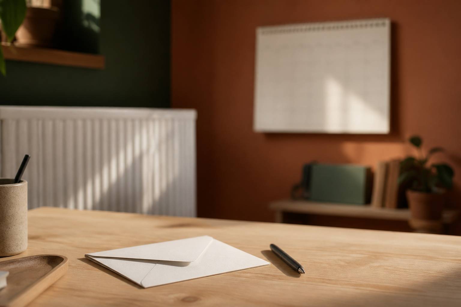Courrier et stylo poses sur une table pres d'un radiateur