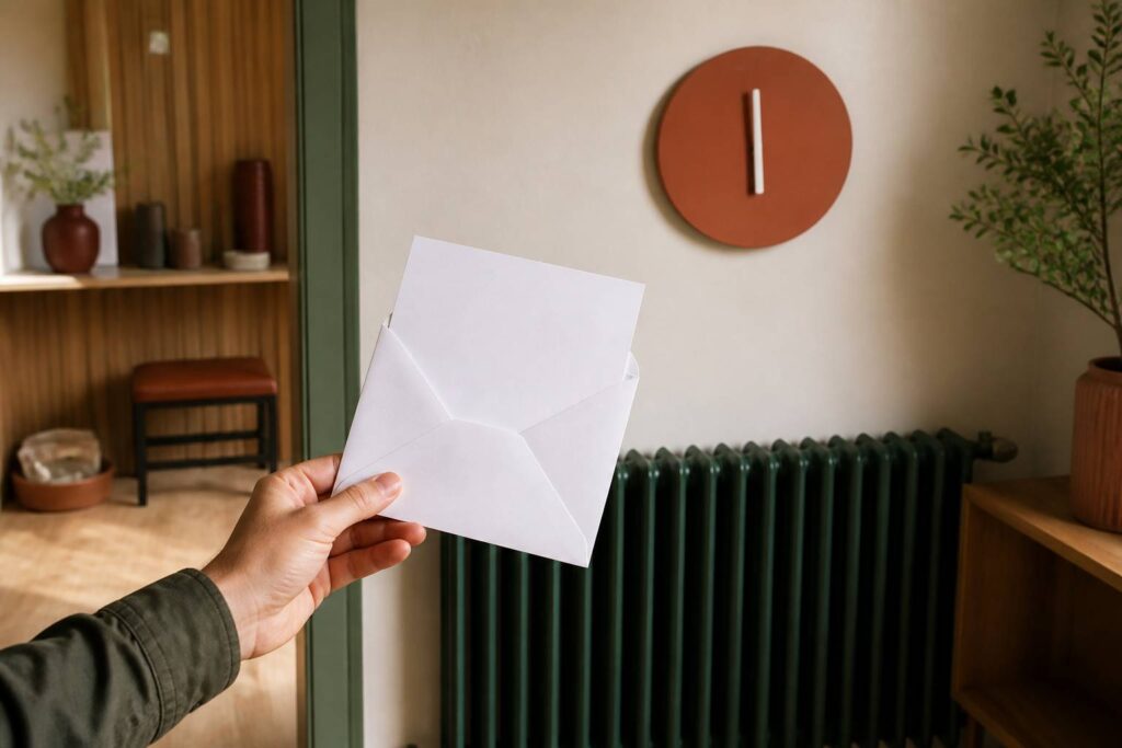 Main tenant une enveloppe de courrier devant un radiateur au thermometre