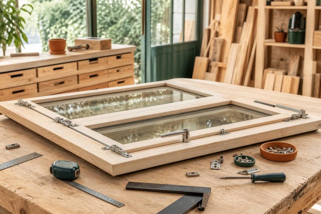 Fenêtre en bois sur établi d'atelier avec mécanisme de crémone métallique visible