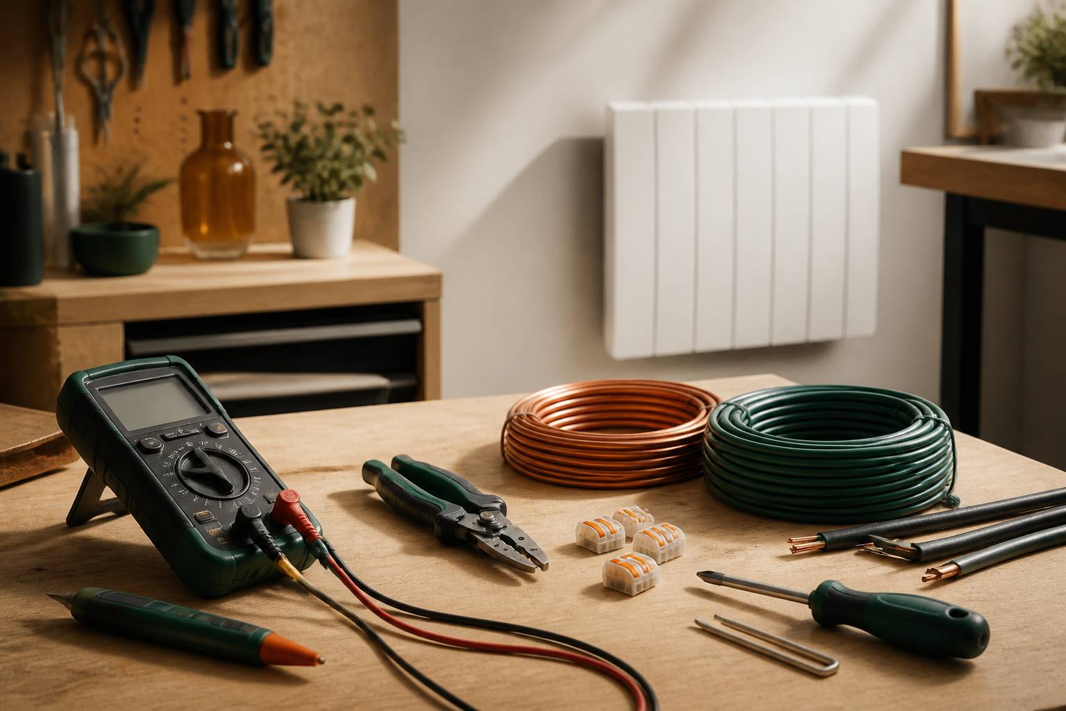 Multimètre et outillage électrique posés sur un plan de travail d'atelier