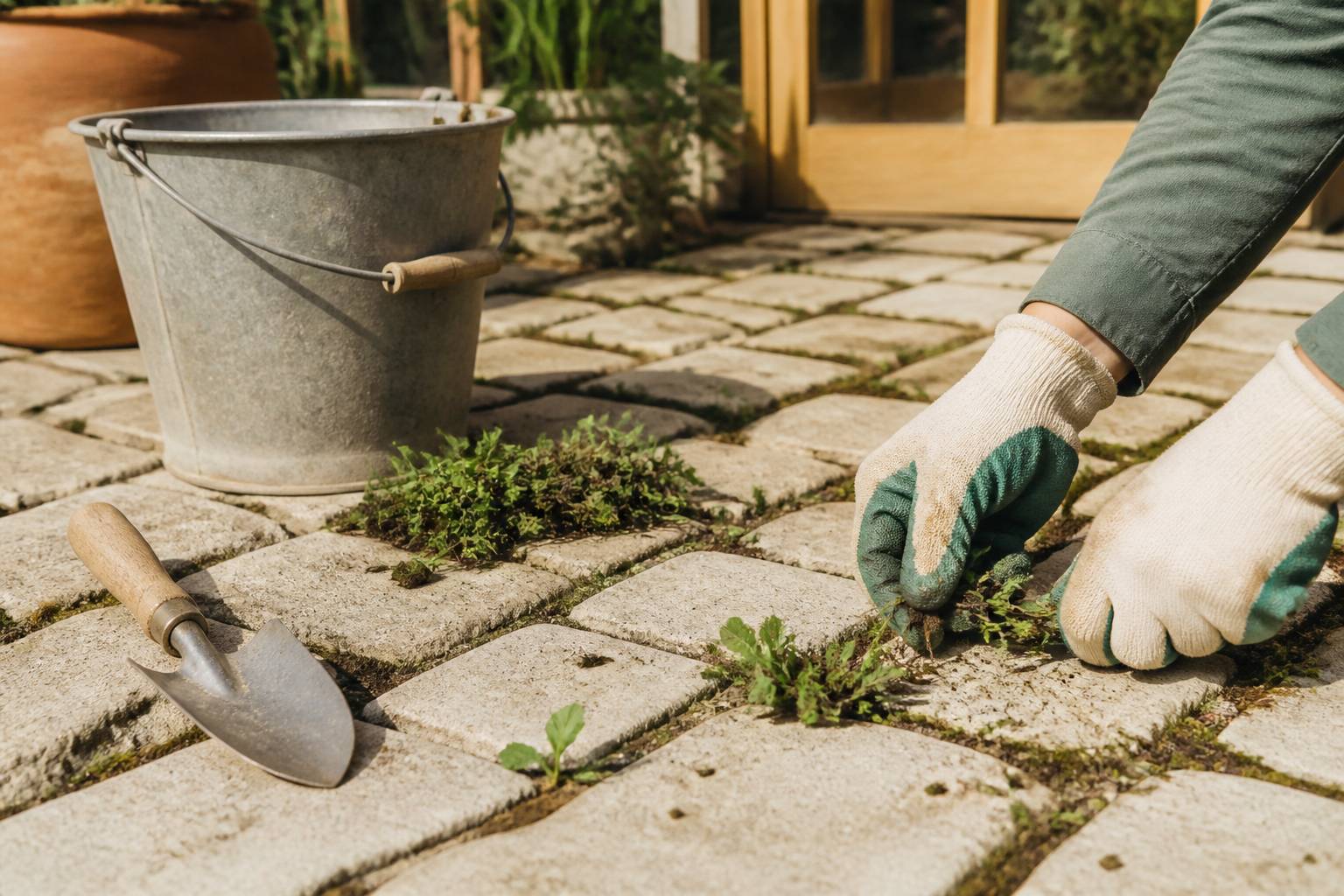 Mains gantées arrachant des mauvaises herbes entre des pavés