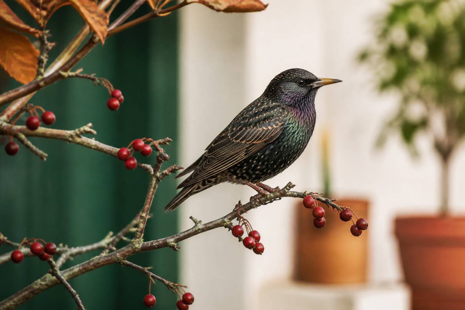 Étourneau générique perché sur une branche avec baies rouges