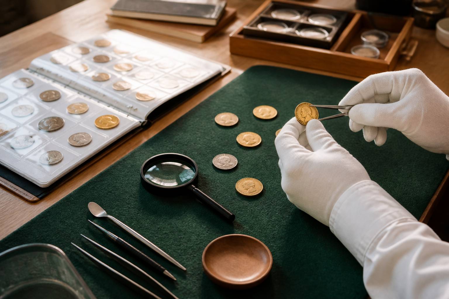 Mains gantées tenant une pièce de monnaie avec une pince de numismate