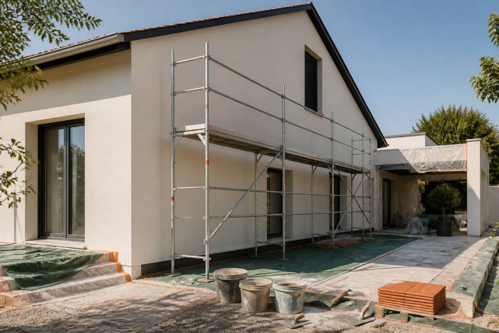 Façade de maison rénovée avec échafaudage et enduit frais