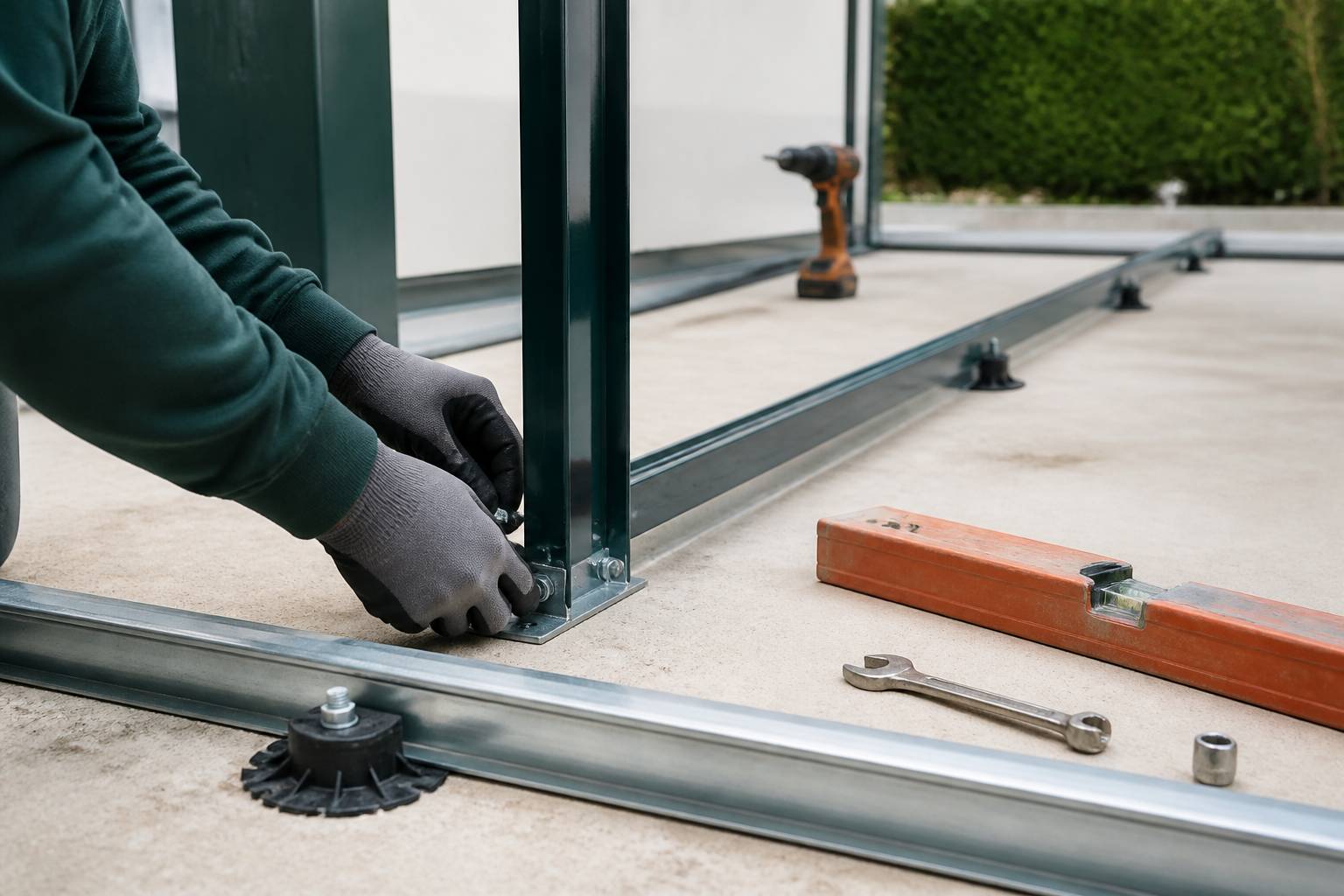 Pose des fondations et du rail d'un garage préfabriqué avec dalle de béton, plots et structure métallique