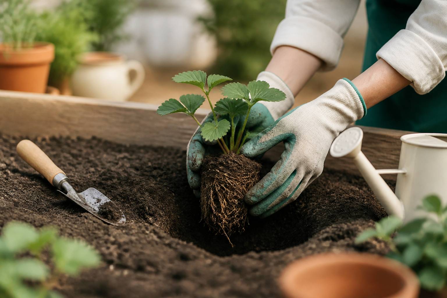 Mains gantées plantant un jeune fraisier dans une terre préparée avec un arrosoir