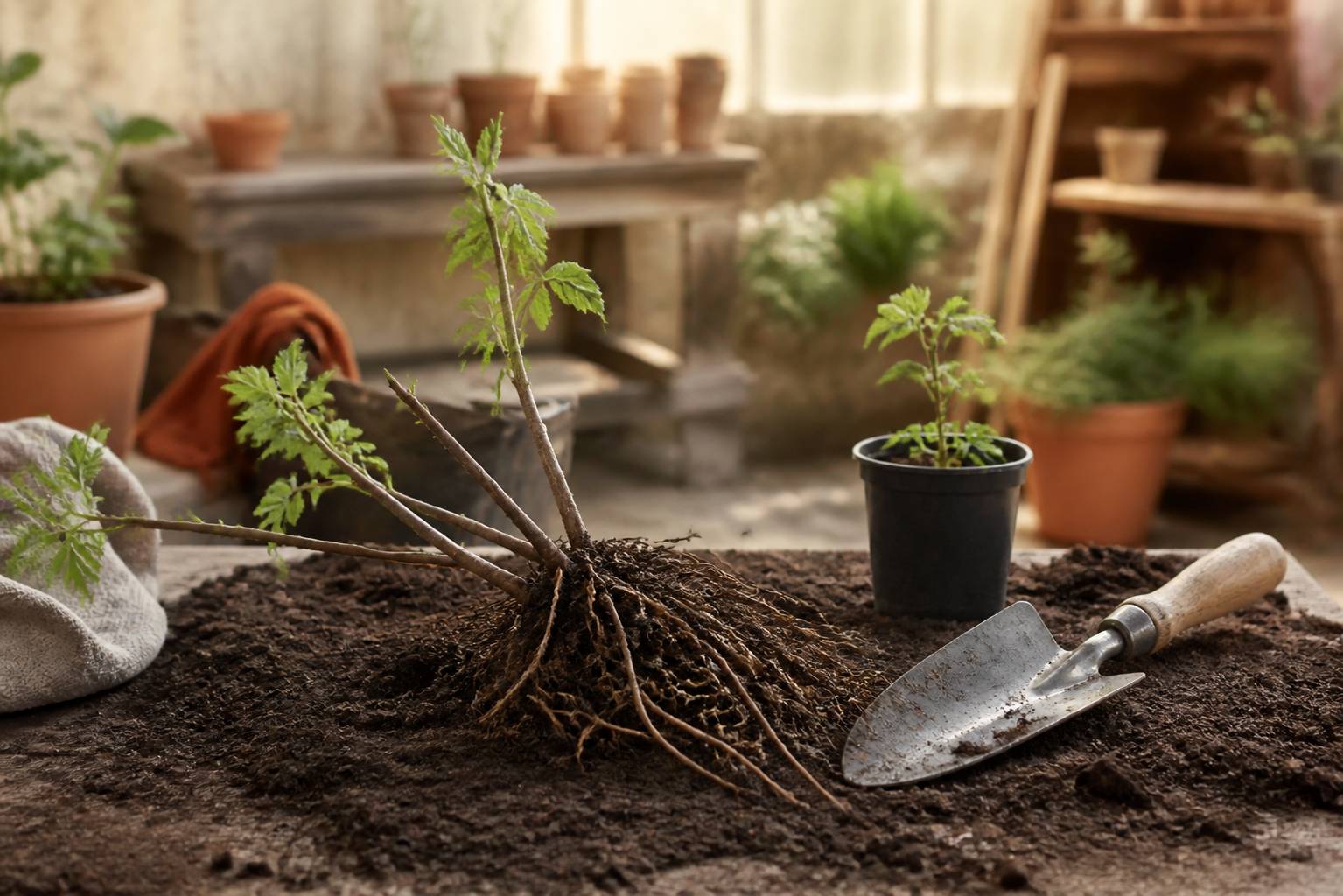 Plant de framboisier à racines nues posé sur la terre préparée