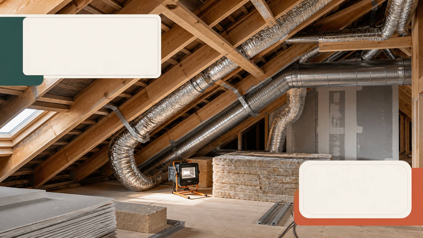 Gaines de ventilation posées dans des combles lors d'un chantier d'installation