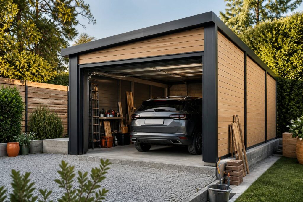 Garage préfabriqué moderne en acier et bois installé dans une cour avec porte ouverte et véhicule générique