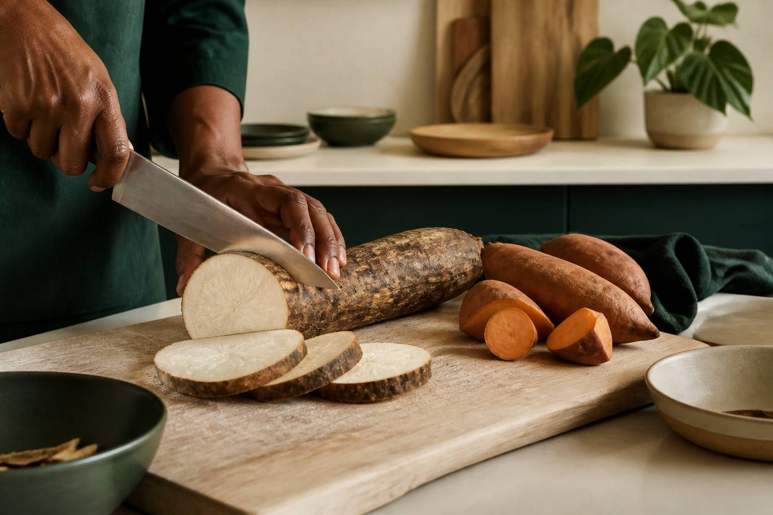 Mains coupant une igname en tranches sur une planche